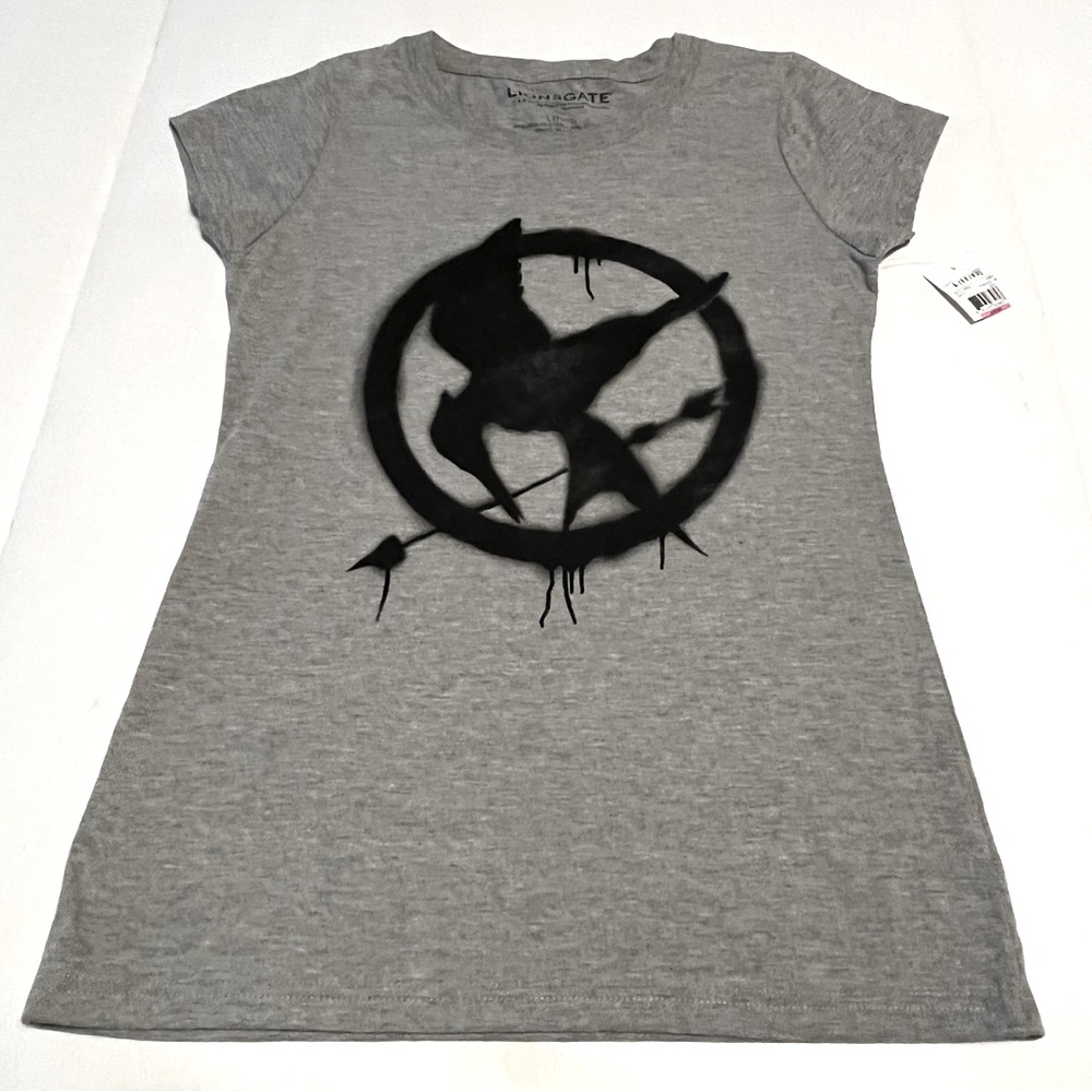 The Hunger Games Mocking Jay Juniors Size 11 - 13 Large Gray Lionsgate Shirt NEW